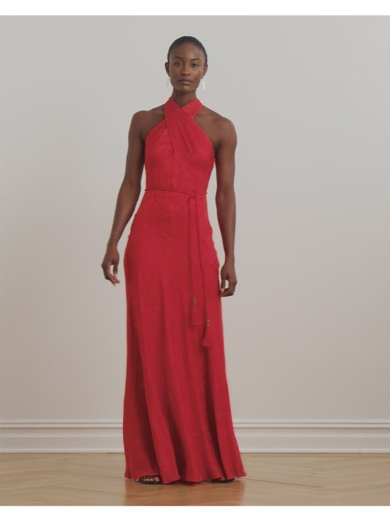 Lauren Ralph Lauren Women's Floral Jacquard Halter Gown Red Size 14 Msrp $325